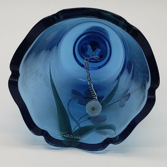 Fenton Signed Hand Painted Blue Floral Art Glass Bell - Picture 4 of 12